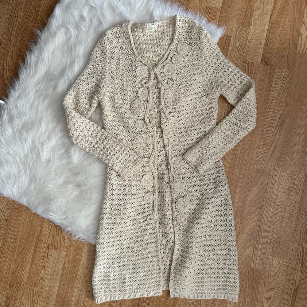 Y2k wool crochet cream maxi knit cardigan 70s boho